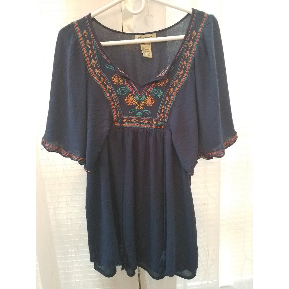 Flying Tomato navy embroidered boho tunic top M